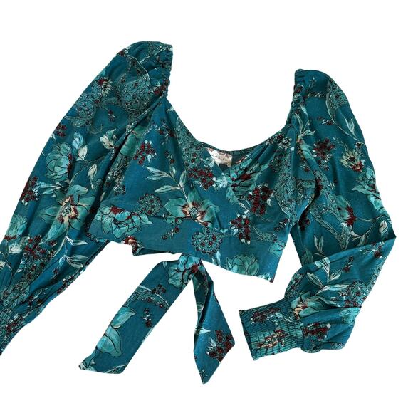 Band of the Free Sybille Teal Floral V-Neck Crop Top Long Sleeve Blouse Size XS - Picture 2 of 7